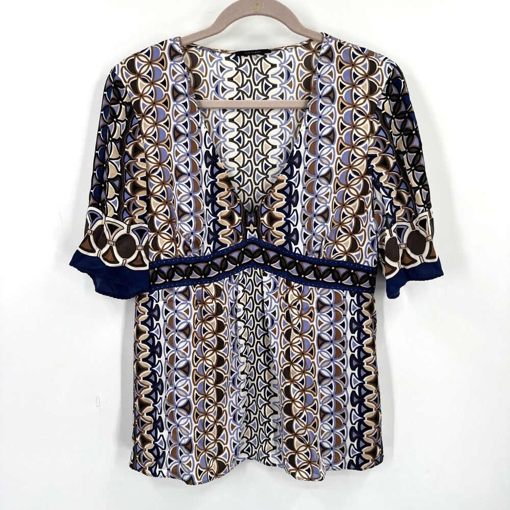 Elie Tahari Large Women's Silk Blouse Short Sleeve V-Neck Relaxed Geometric